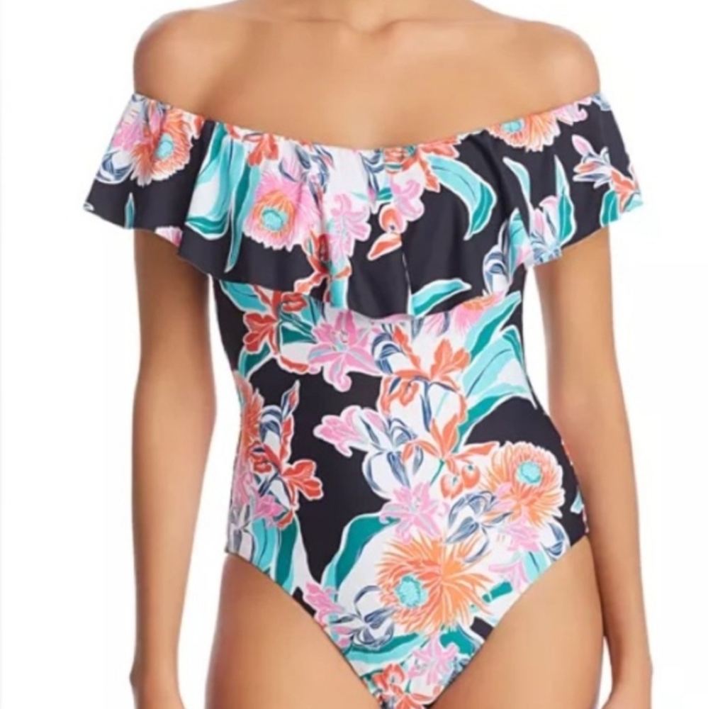 NWT Trina Turk Tropic Wave Off Shoulder One Piece Swimsuit Size 10